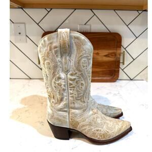 Dan Post cowboy snipped toe ivory crackled leather boots size 8.5 rodeo Jaripeo